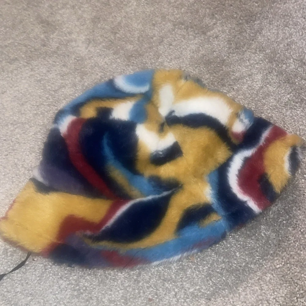 Y2k revival Fuzzy art bucket hat multi colored one sized microfiber